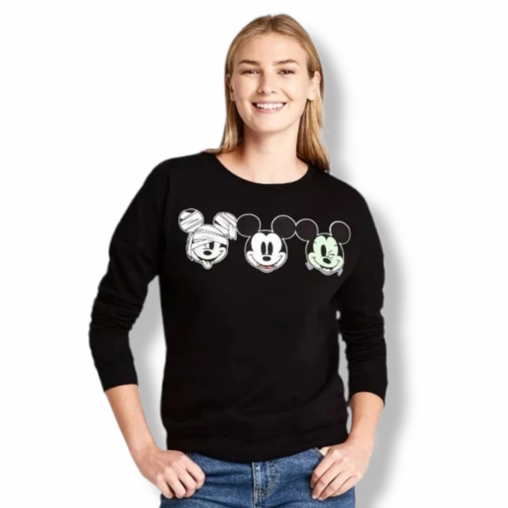 Disney Mickey Mouse Monster Halloween Faces Graphic Crew Neck Sweatshirt XS